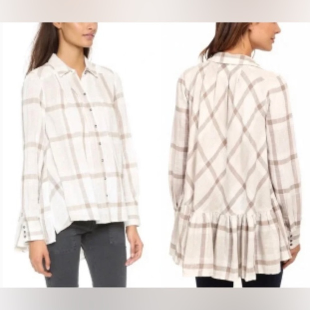 FREE PEOPLE Cream Peppy In Plaid Blouse M - Picture 2 of 8